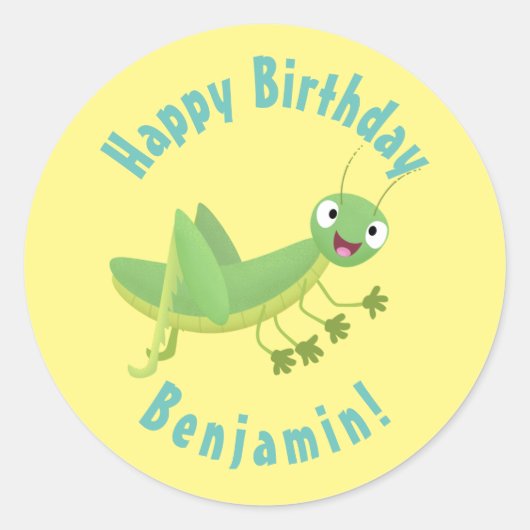 かわいい緑の幸せバッタ漫画クラシックラウンド ラウンドシール (正面)