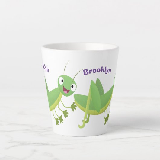 かわいい緑の幸せバッタ漫画 カフェラテマグ (正面)