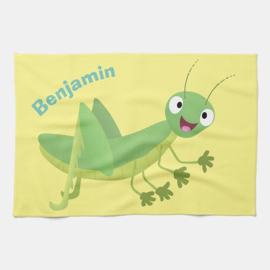 かわいい緑の幸せバッタ漫画 キッチンタオル (横)