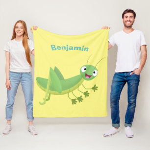 かわいい緑の幸せバッタ漫画 フリースブランケット