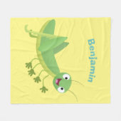 かわいい緑の幸せバッタ漫画 フリースブランケット (正面(横))
