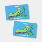 かわいい緑の幼虫の漫画イラスト バッジ (正面＆裏面)