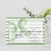 かわいい緑の弓の女の子ベビースワストライプーシャワー 招待状 (スタンド正面)