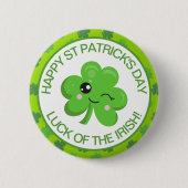 かわいい緑の微笑むアイリッシュラッキークローバー 缶バッジ (正面)