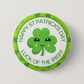 かわいい緑の微笑むアイルランドのラッキーアイルクローバー 缶バッジ (正面)