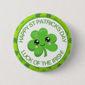 かわいい緑の微笑むアイルランドのラッキーアイルクローバー 缶バッジ (正面)