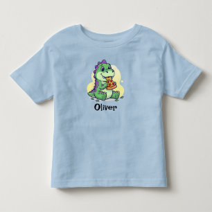 かわいい緑の恐竜がピザを食べる ピザサウルス・レックス トドラーTシャツ