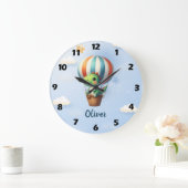 かわいい緑の恐竜が熱気球で空に飛び立つ ラージ壁時計 (ホーム)