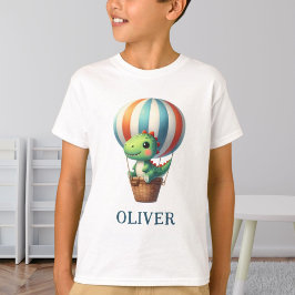 かわいい緑の恐竜が熱気球で飛び立つ Tシャツ