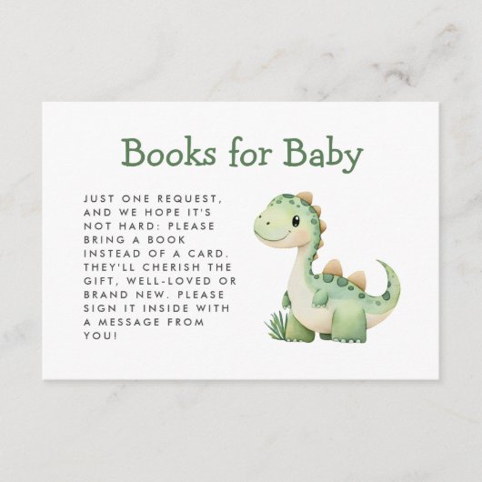 かわいい緑の恐竜のベイビーシャワーブック エンクロージャーカード (正面)