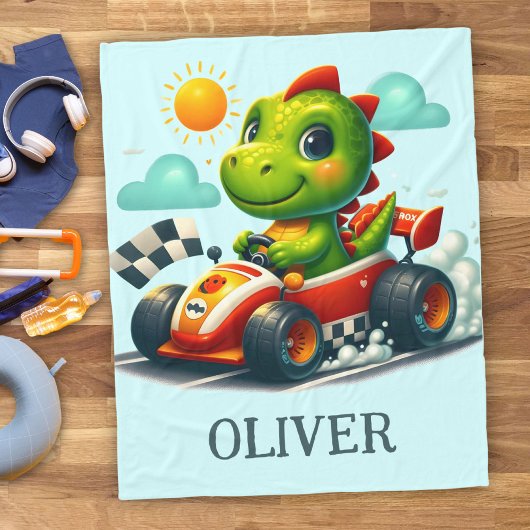 かわいい緑の恐竜のレーシングカー フリースブランケット