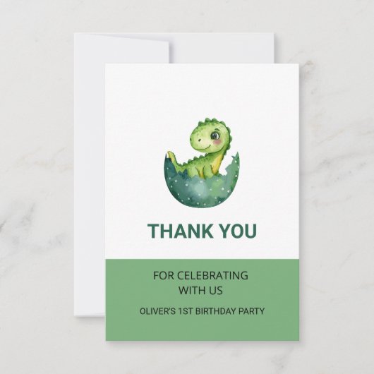 かわいい緑の恐竜の水彩画の子供の誕生日パーティー サンキューカード (正面)