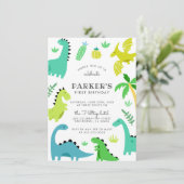 かわいい緑の恐竜の男の子の誕生日パーティー 招待状 (スタンド正面)