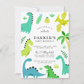 かわいい緑の恐竜の男の子の誕生日パーティー 招待状 (正面)