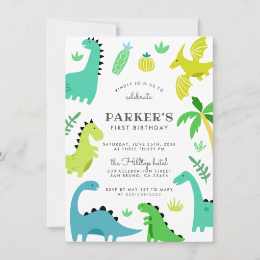 かわいい緑の恐竜の男の子の誕生日パーティー 招待状 (正面)