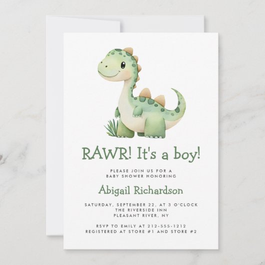 かわいい緑の恐竜の男の子の赤ちゃんシャワー 招待状 (正面)