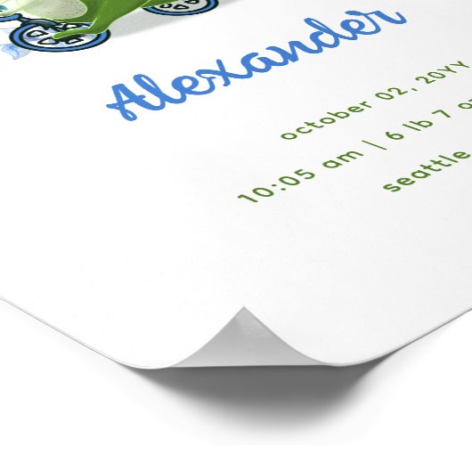 かわいい緑の恐竜の誕生情報 男の子の保育園の壁 ポスター (角)