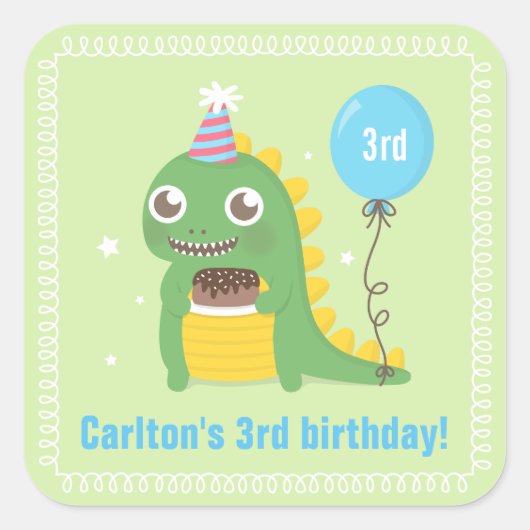 かわいい緑の恐竜の誕生日パーティーお祝い スクエアシール (正面)
