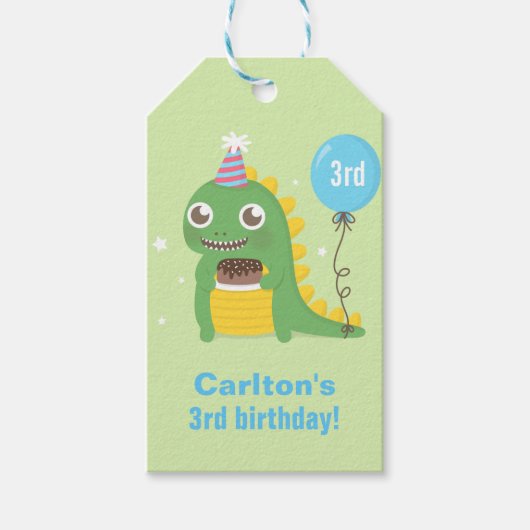かわいい緑の恐竜の誕生日パーティーのお祝い ギフトタグ (正面)
