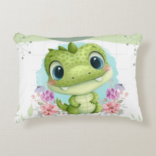 かわいい緑の恐竜フローラパーソナライズされた アクセントクッション (正面)