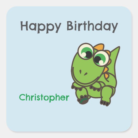 かわいい緑の恐竜ブルー誕生日 スクエアシール (正面)