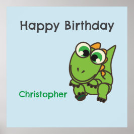 かわいい緑の恐竜ブルー誕生日 ポスター