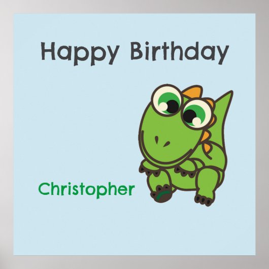 かわいい緑の恐竜ブルー誕生日 ポスター (正面)