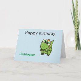 かわいい緑の恐竜 青い誕生日 サンキューカード