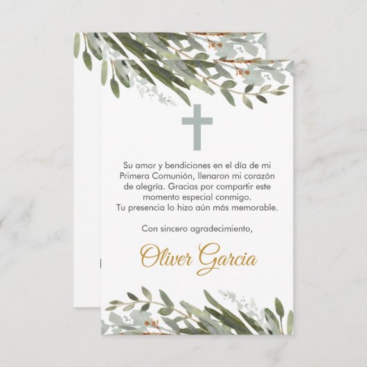 かわいい緑の最初の聖体拝領(編集可能スペインの) サンキューカード (正面/裏面)