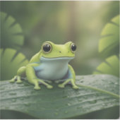 かわいい緑の木のカエル 葉の上 シール (正面)
