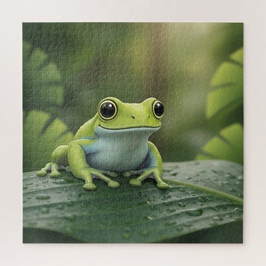 かわいい緑の木のカエル 葉 ジグソーパズル (縦)