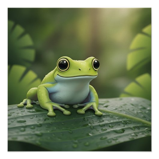 かわいい緑の木のカエル 葉 ポスター (正面)
