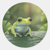 かわいい緑の木のカエル 葉 ラウンドシール (正面)