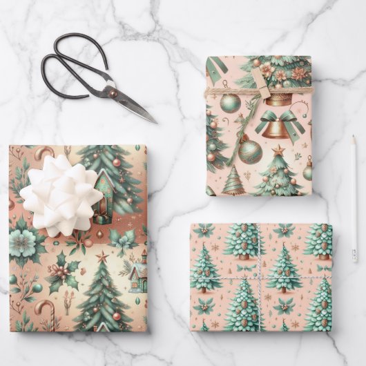 かわいい緑の木のクリスマスプレゼント ラッピングペーパーシート (正面)