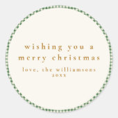 かわいい緑の格子状のカスタムクリスマスの願い ラウンドシール (正面)