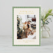 かわいい緑の格子縞の肖像写真クリスマスゴールド 箔シーズンカード (立ち正面)