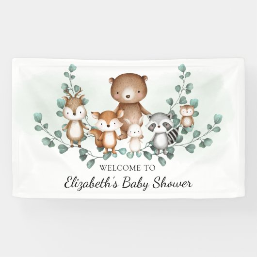 かわいい緑の森の動物たちの赤ちゃんシャワーがようこそ 横断幕 (横)