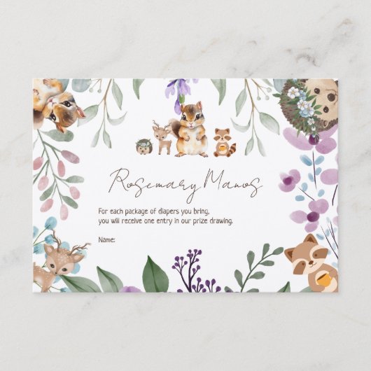 かわいい緑の森の動物の森おむつラッフル エンクロージャーカード (正面)