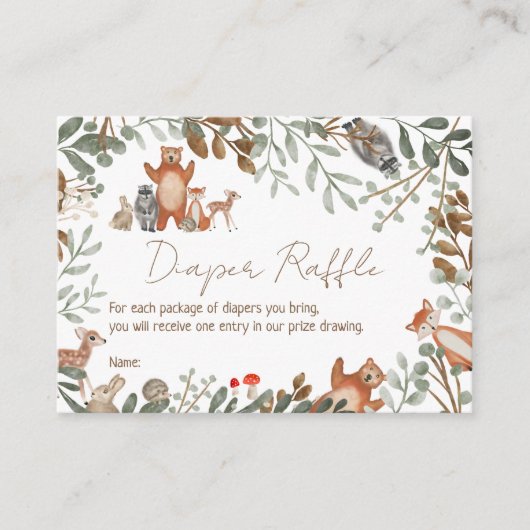 かわいい緑の森の動物の森おむつラッフル エンクロージャーカード (正面)