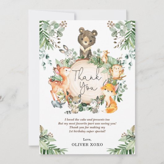 かわいい緑の森の動物の誕生日 サンキューカード (正面)