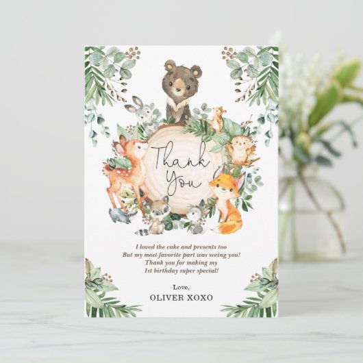 かわいい緑の森の動物の誕生日 サンキューカード (スタンド正面)