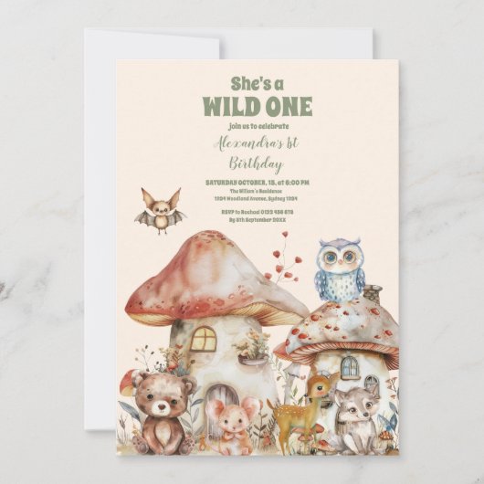 かわいい緑の森の動物1st誕生日パーティー 招待状 (正面)