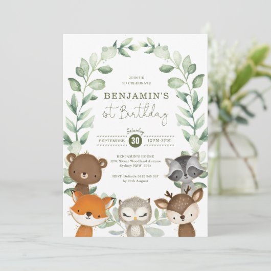 かわいい緑の森の動物1st誕生日パーティー 招待状 (スタンド正面)