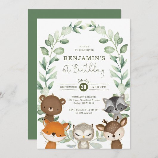 かわいい緑の森の動物1st誕生日パーティー 招待状 (正面/裏面)