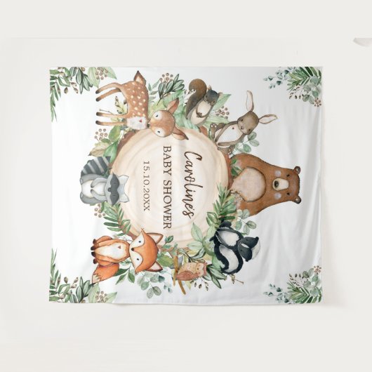 かわいい緑の森の森の動物たちがベビーシャワー タペストリー (正面(横))