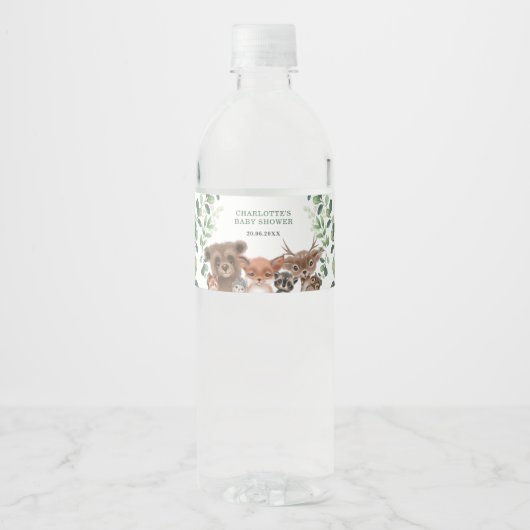 かわいい緑の森の森の赤ちゃんシャワーの好意 ペットボトルラベル (正面)