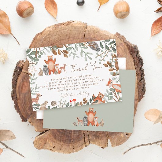 かわいい緑の森林動物の森の赤ちゃんシャワー サンキューカード