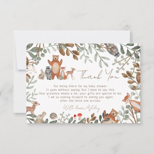 かわいい緑の森林動物の森の赤ちゃんシャワー サンキューカード (正面)