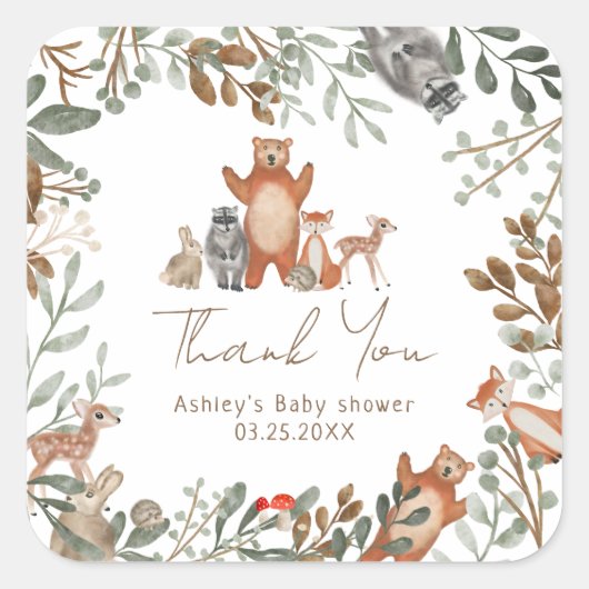 かわいい緑の森林動物の森の赤ちゃんシャワー スクエアシール (正面)