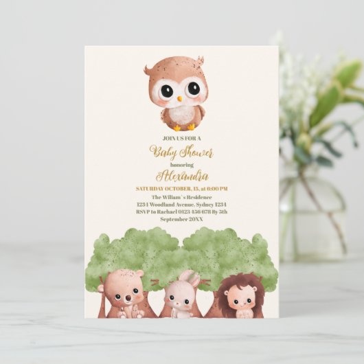 かわいい緑の森林動物の森の赤ちゃんシャワー 招待状 (スタンド正面)